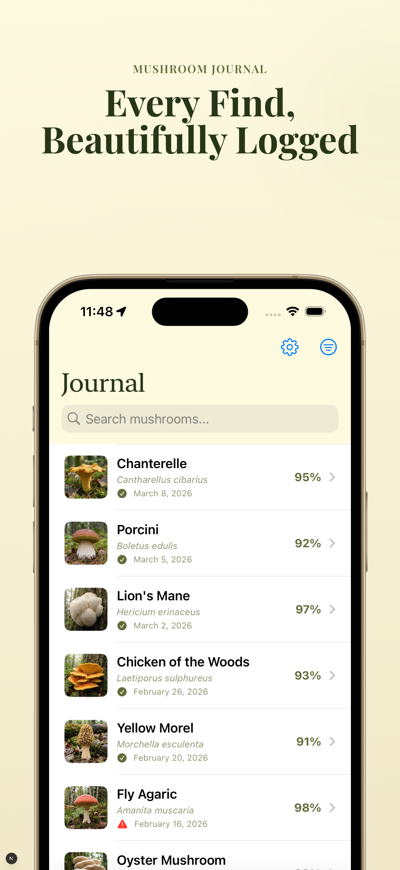Foraging journal with logged mushroom finds including Chanterelle, Porcini, Lion's Mane, and more