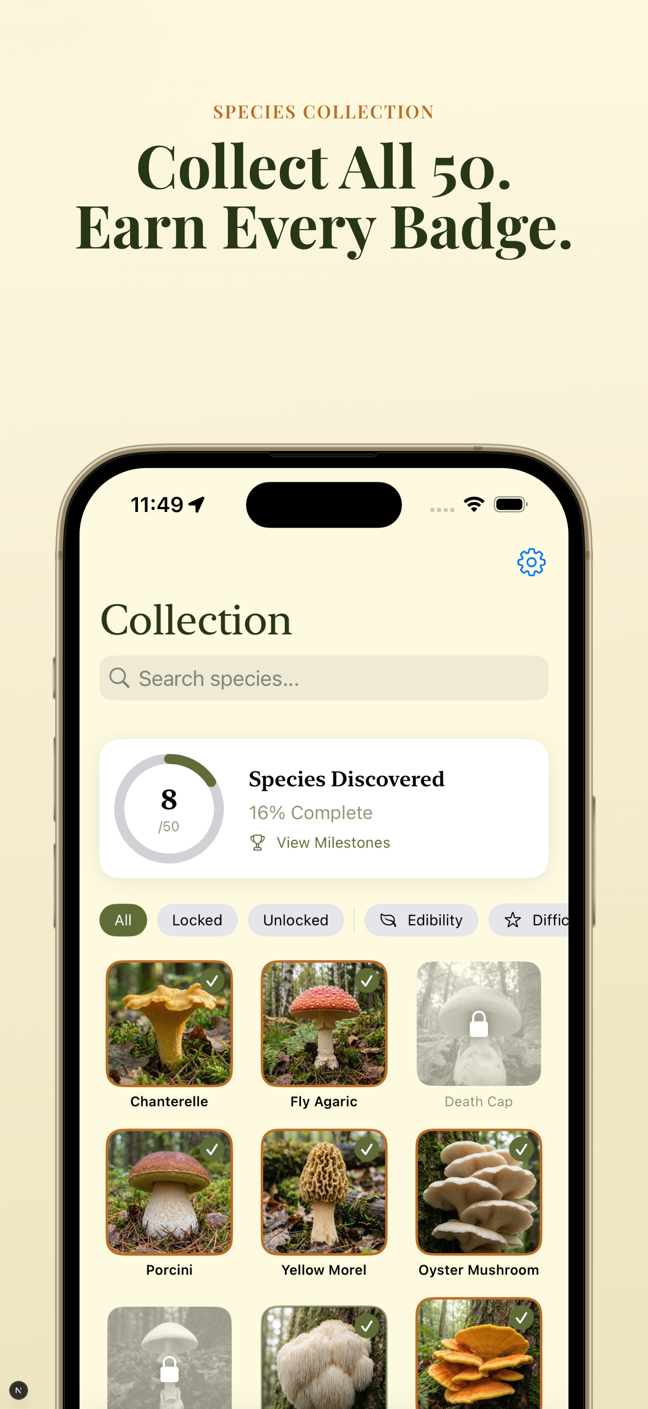 Species collection showing 8 of 50 discovered with badges and milestone progress