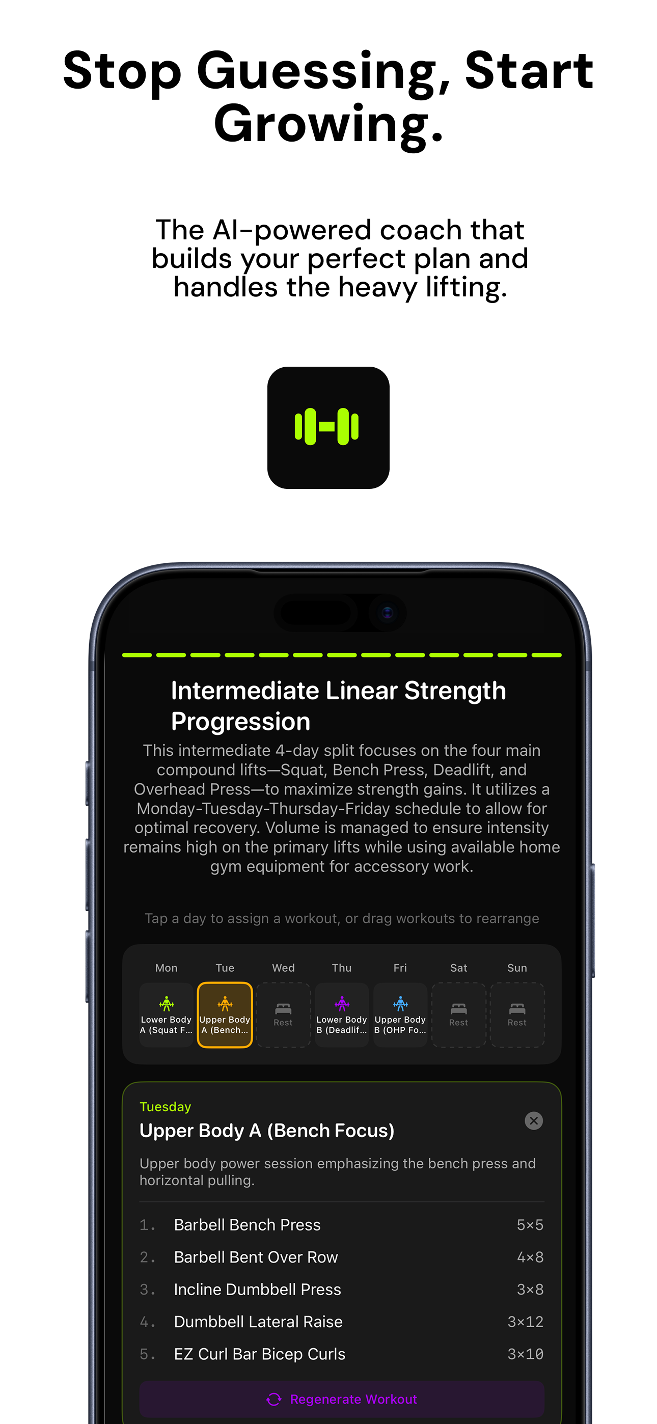 AI-generated workout plan with exercises, sets, reps, and weekly schedule