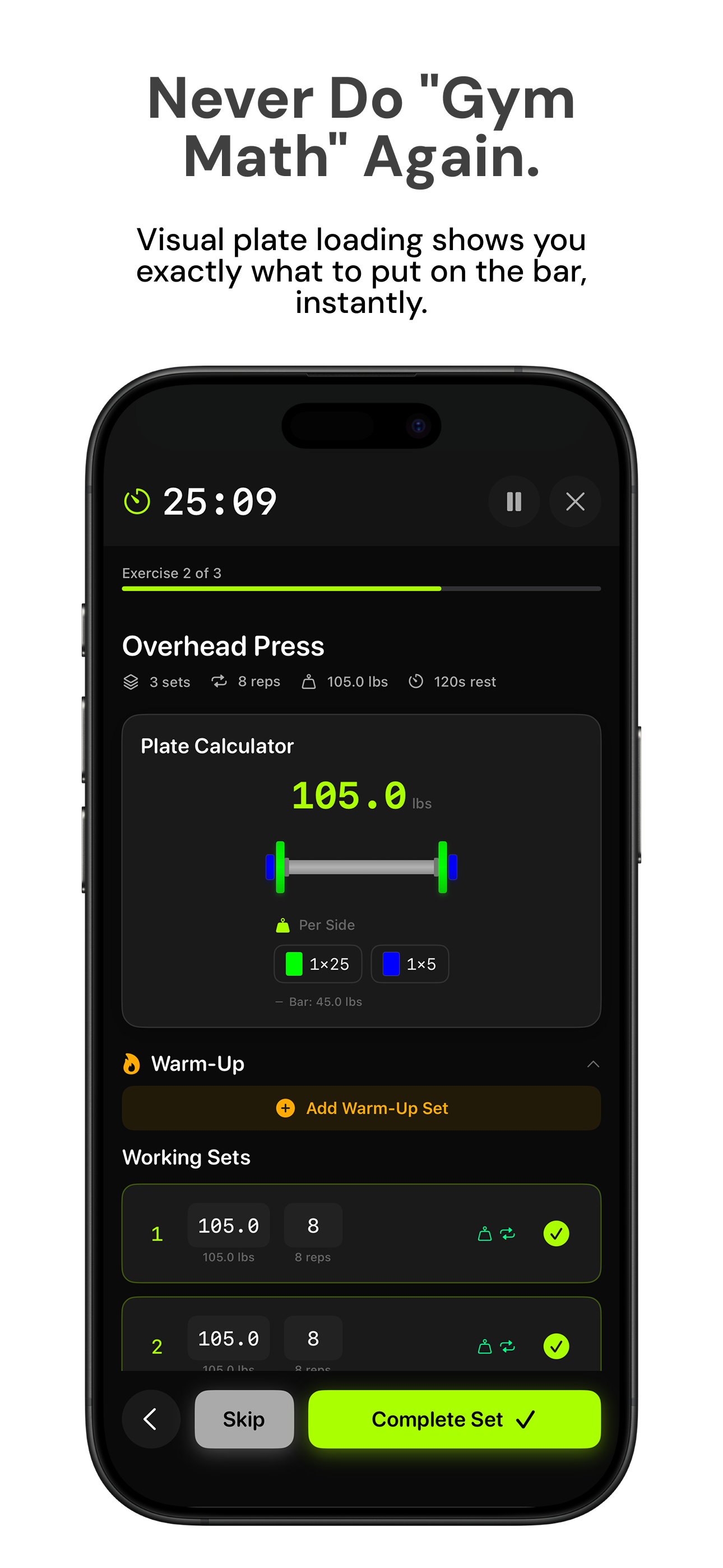 Active workout with built-in barbell plate calculator and warm-up sets