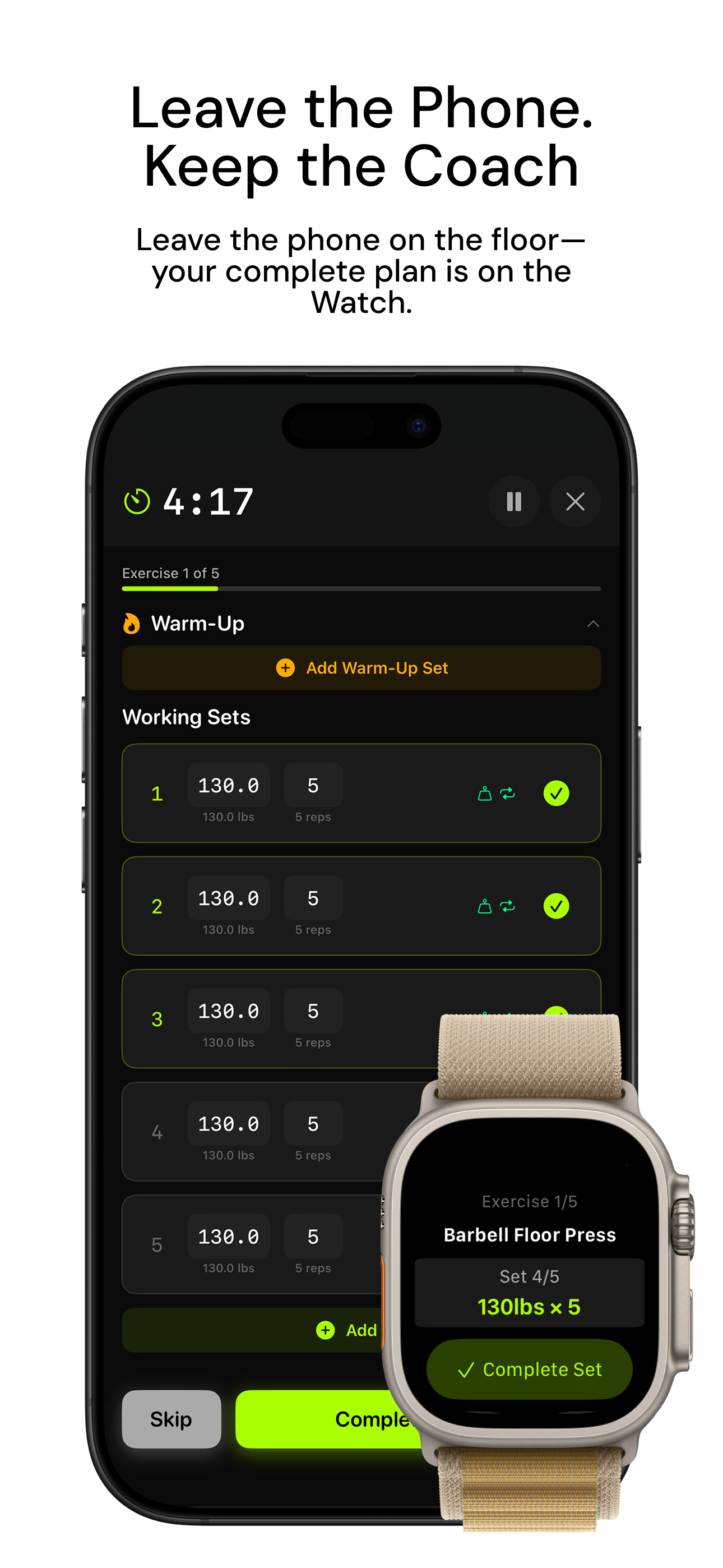 Apple Watch companion app logging sets alongside iPhone active workout
