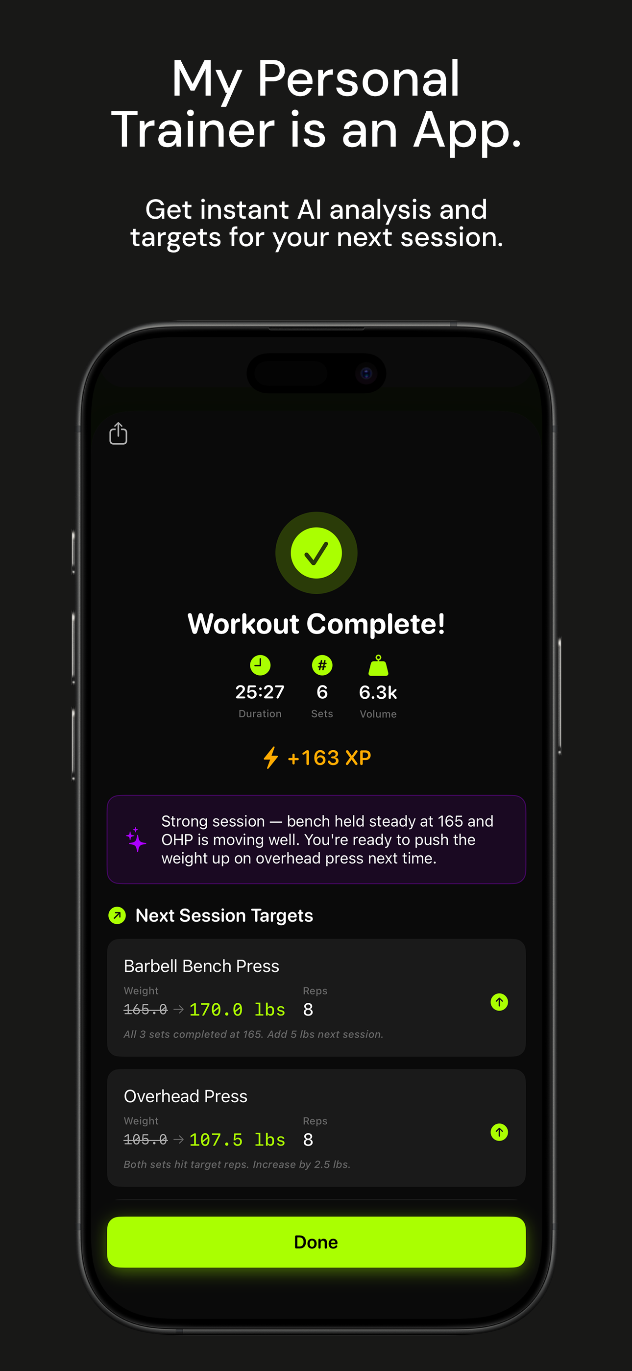 Workout complete screen with AI analysis and progressive overload targets for next session