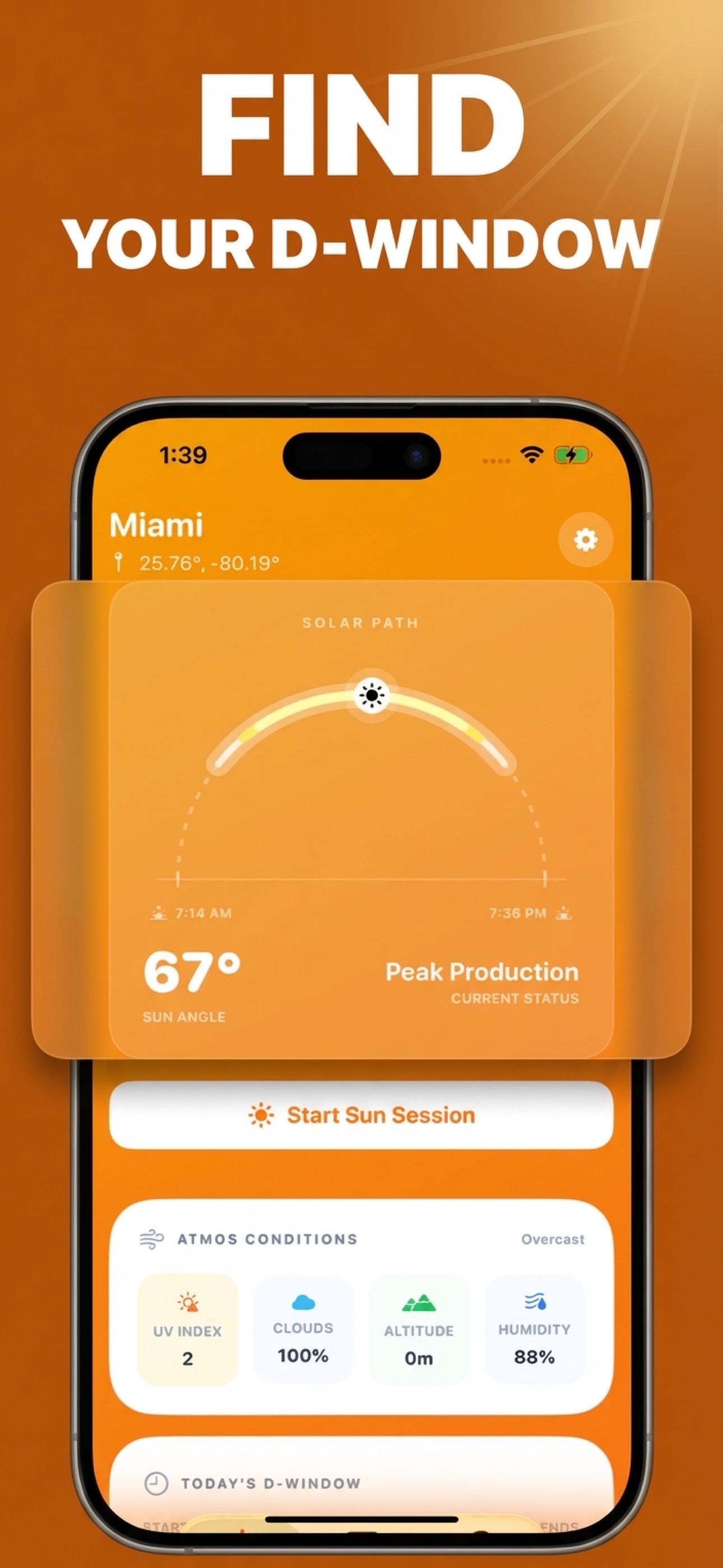 RayDay today screen showing D-Window, sun position, and vitamin D forecast