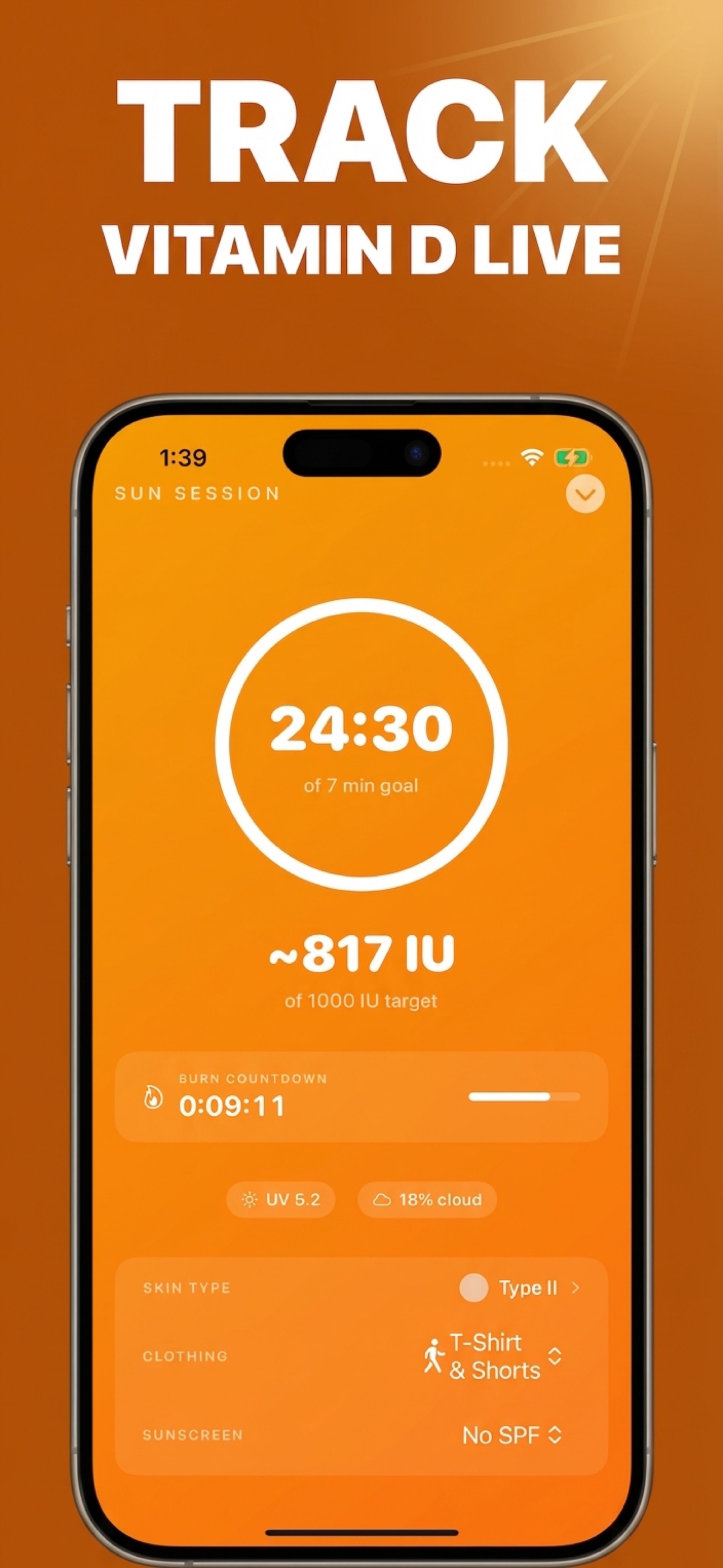 Live sun session tracking vitamin D IU with burn countdown timer