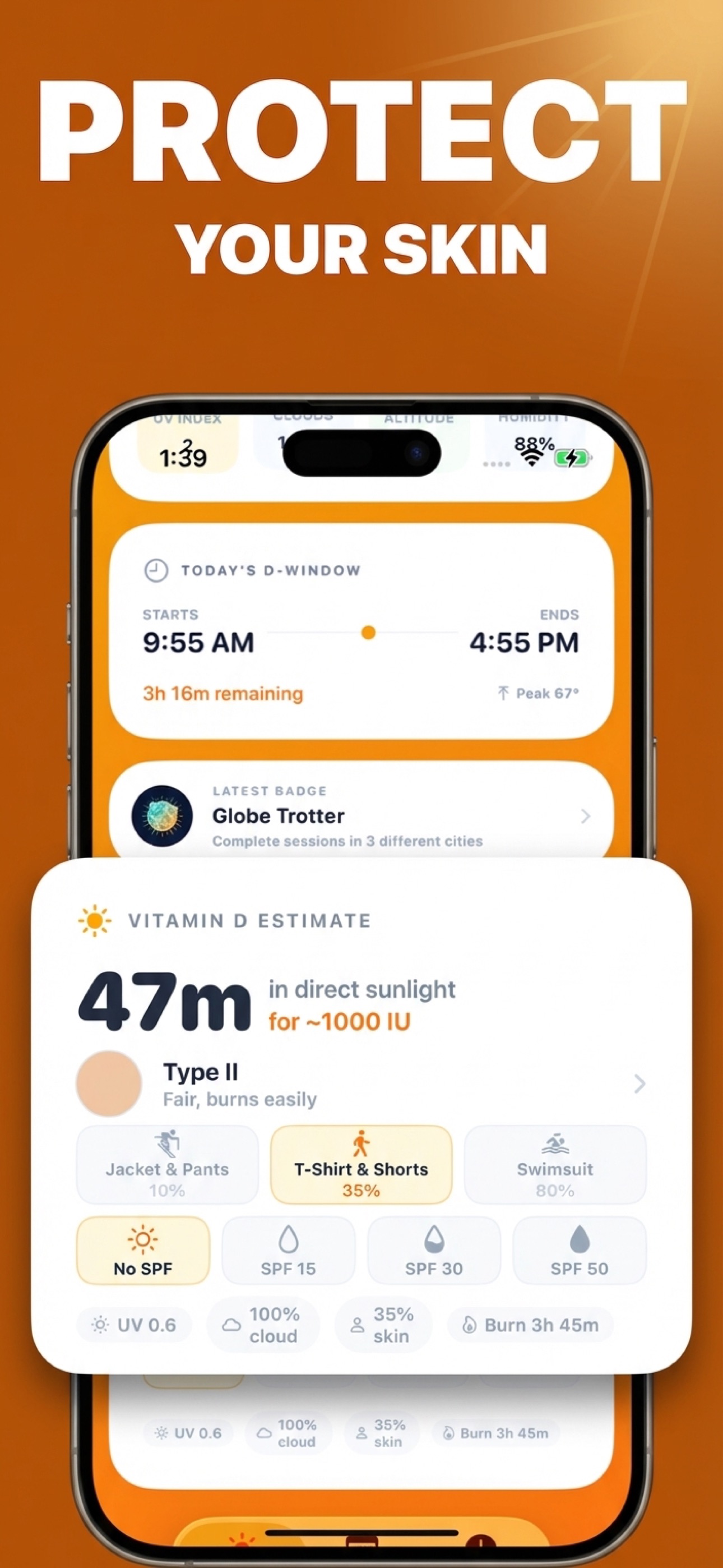 SPF and skin protection settings with burn time estimation