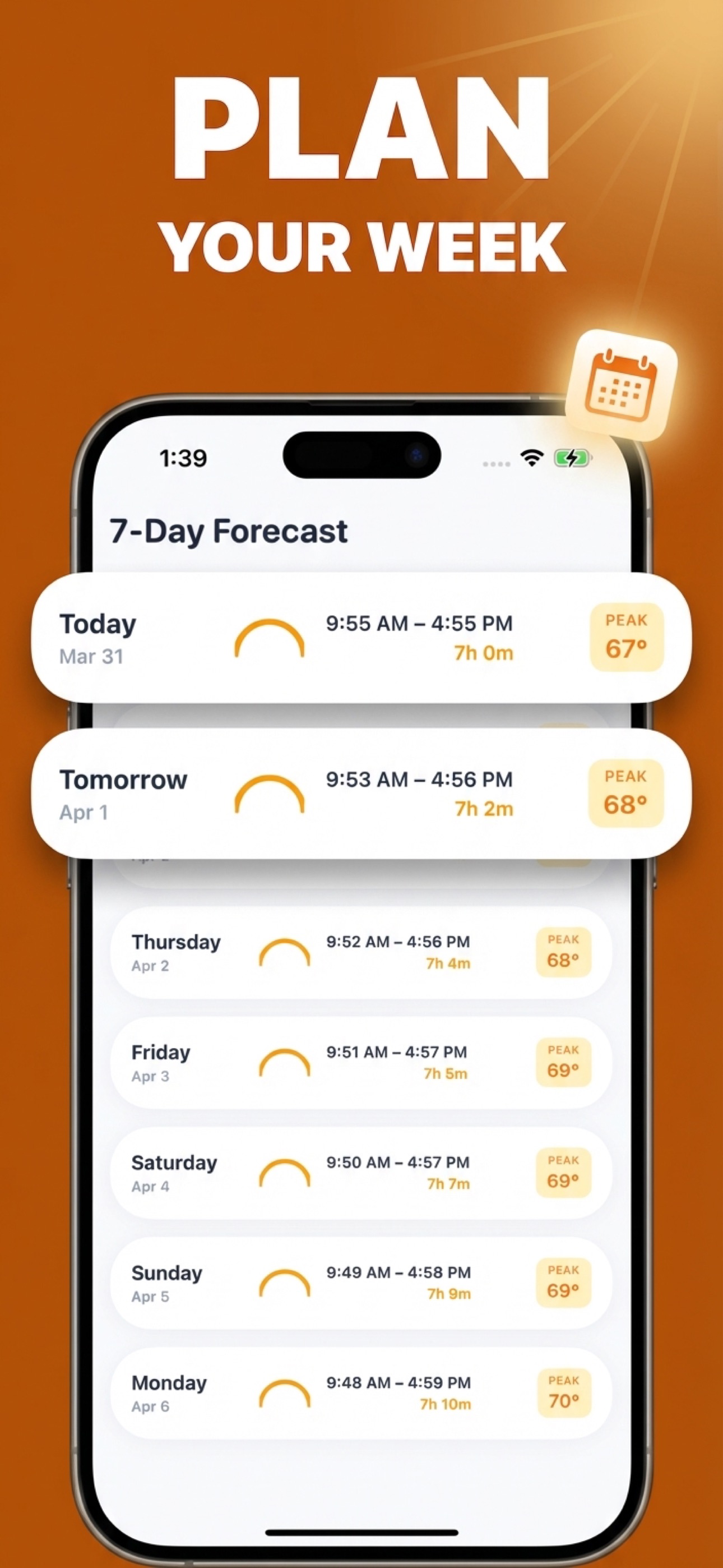7-day vitamin D forecast with D-Window times for each day