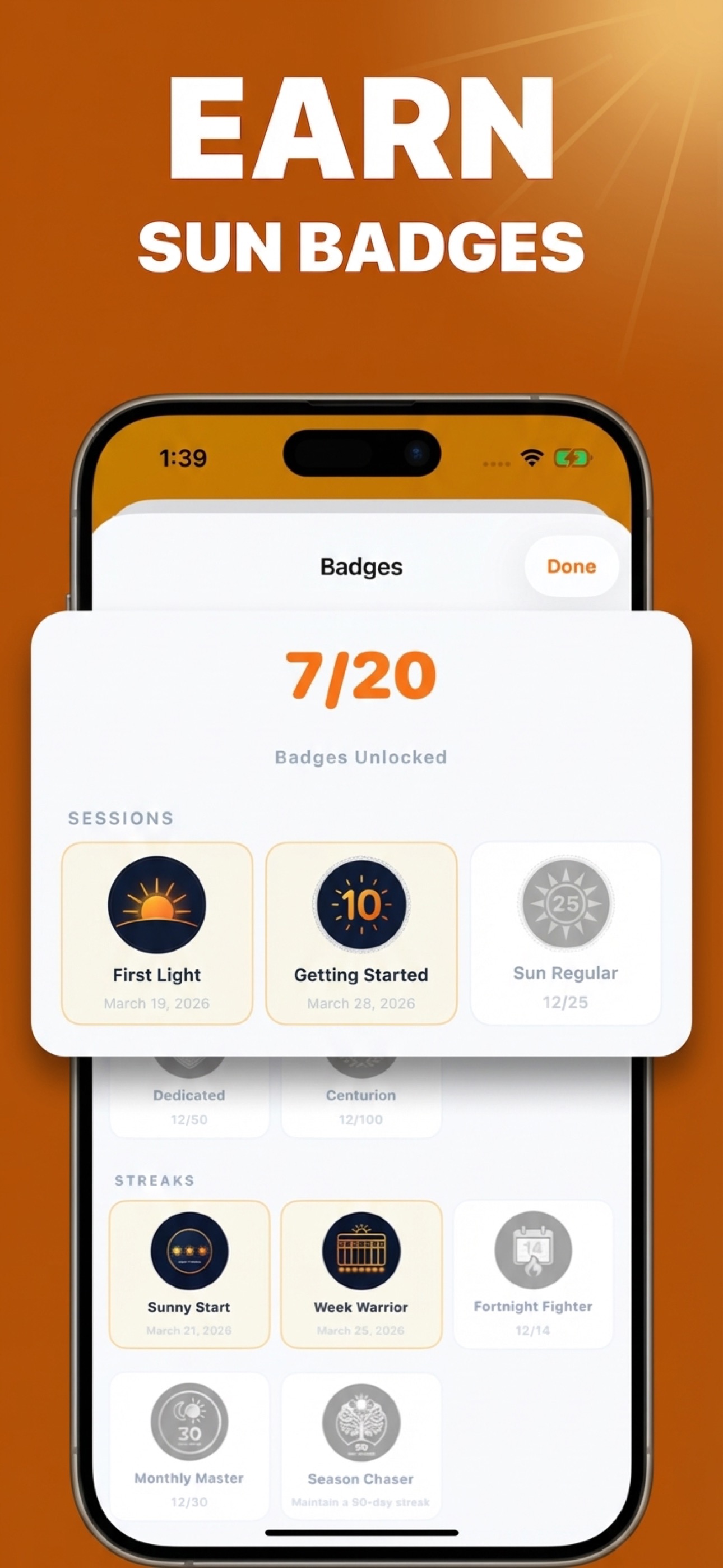 Achievement badges for sun session milestones and vitamin D goals