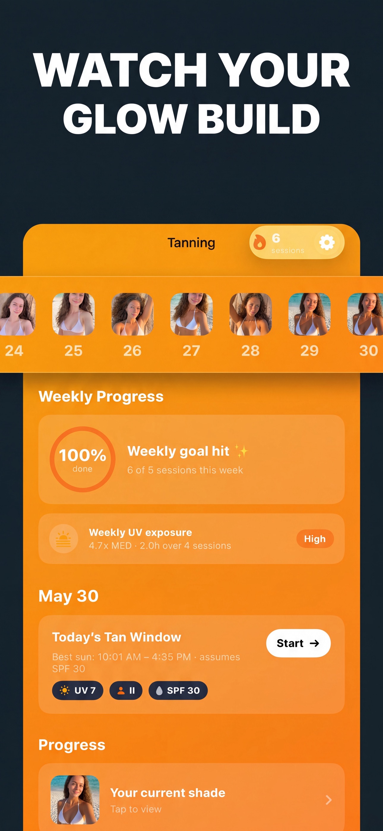 Daily selfie timeline showing tan progression over weeks
