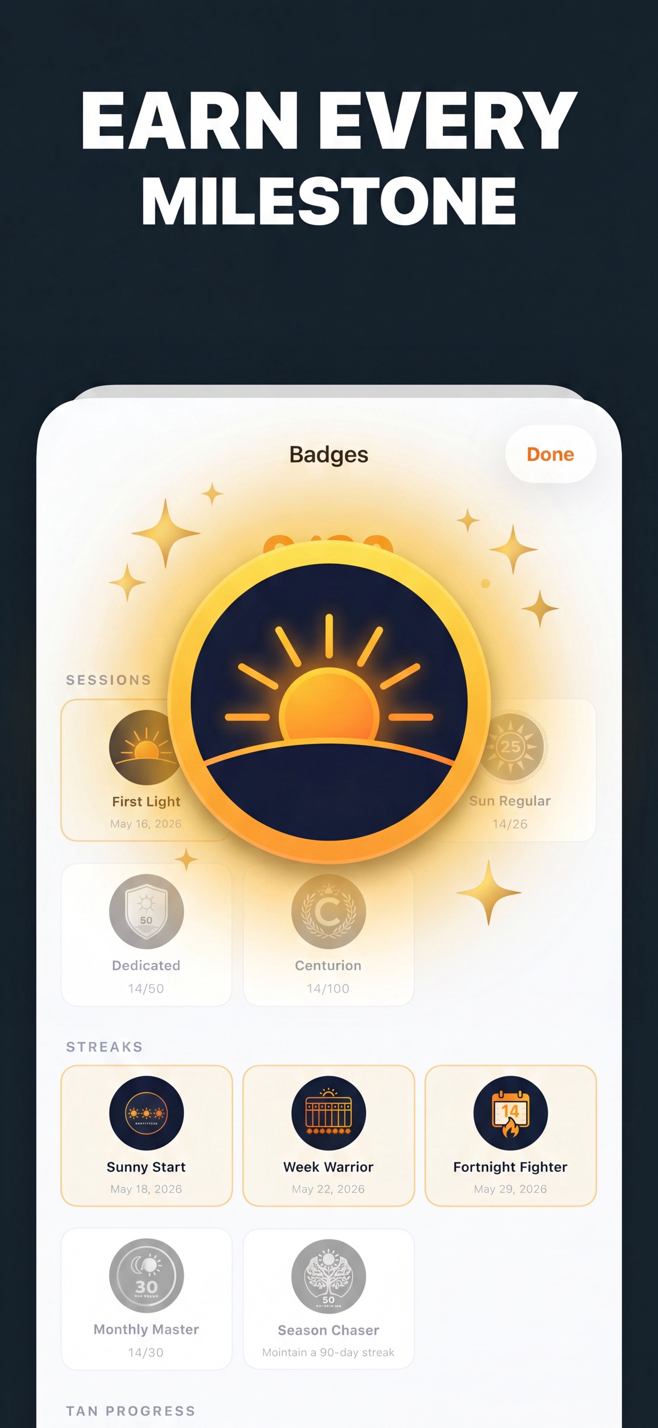 Achievement badges for tan and sun-safety milestones