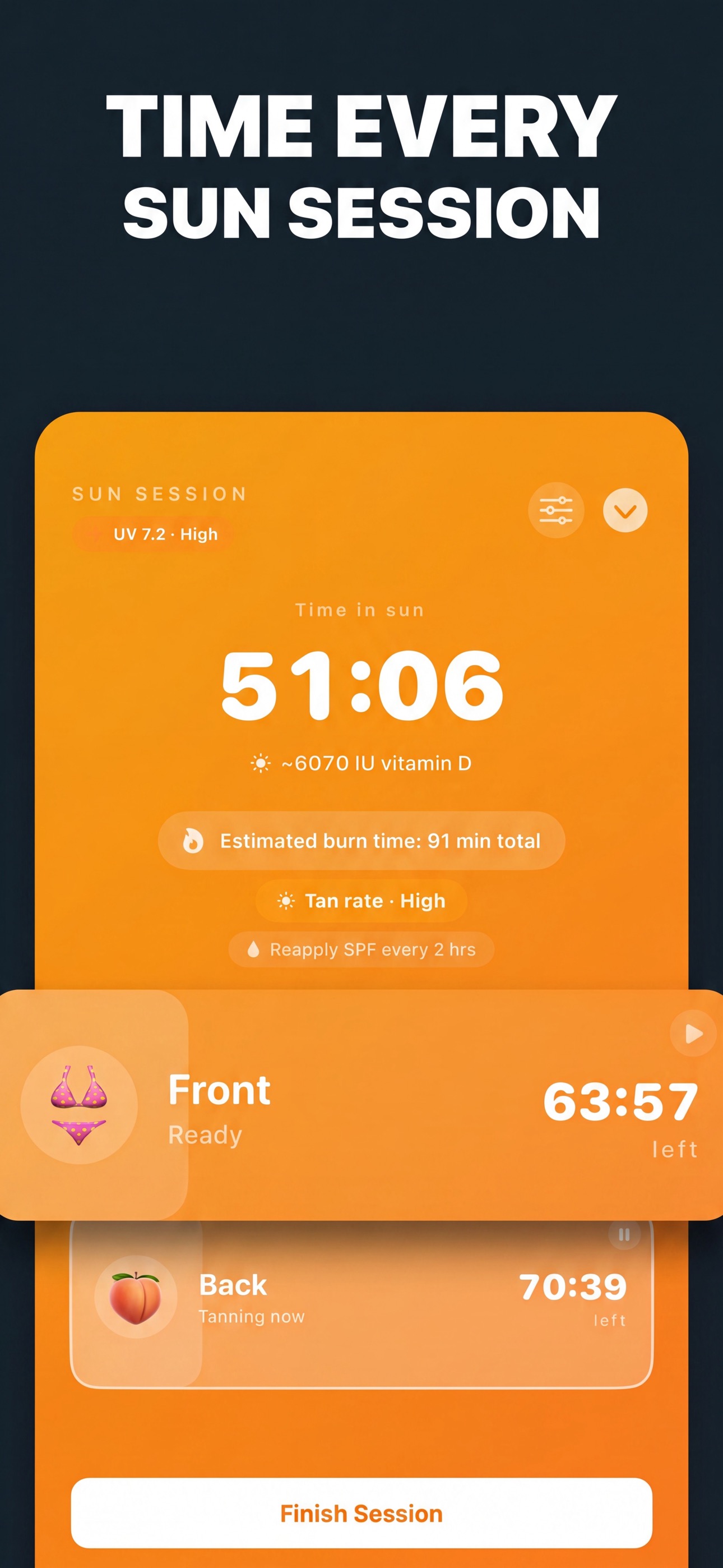 Active sun session with personal burn-time countdown for front and back