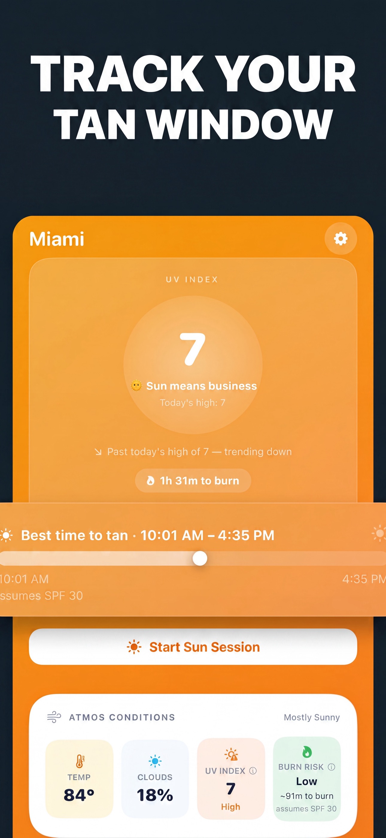 Sunmaxxing Today screen showing live UV and the daily Tan Window
